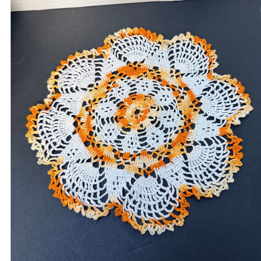 Vintage Handmade Crochet Doily Round White Orange Variegated Cotton 10.5 Inch